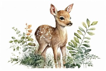 Watercolor picture of a cute little deer, forest animal, baby deer, Bambi deer, baby shower, children's card for congratulations. Generative AI - obrazy, fototapety, plakaty