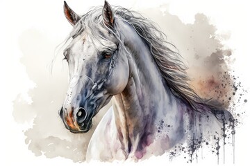 White purebred Arab horse on a watercolor painting. Generative AI