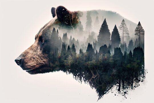 Bear head silhouette and forest. Generative AI