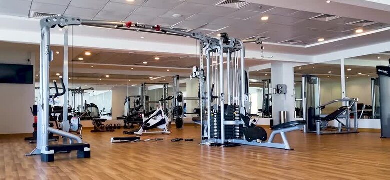 Footage of the equipment in the gym. Fitness