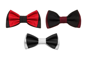 A set of black and red and white bow ties on a white background. Photo, artificial leather.