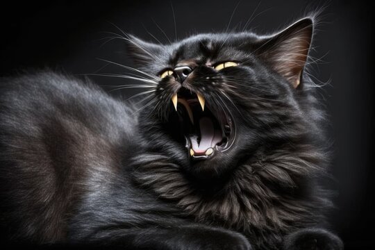 Yawning black cat with its mouth open so that its fangs and tongue can be seen. At home, a domestic cat is sleeping. One of the animals was a nice kitten. Generative AI