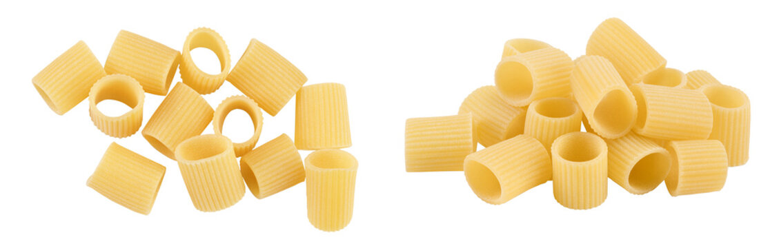 raw italian pasta isolated on white background . Mezze Maniche Rigate Bronze die. Top view. Flat lay