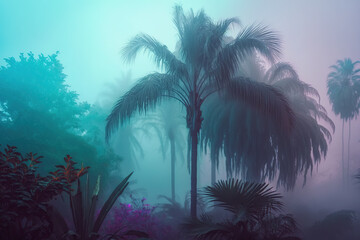 Synthwave tropical palm tree in mist landscape, retro wave wallpaper style. Generative AI