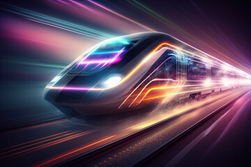 Super high speed modern bullet train crossing a futuristic modern city station, sci-fi creative neon light videogame. Generative AI