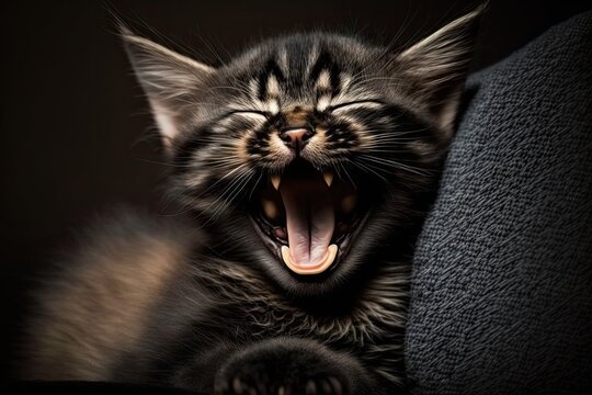 Yawning black cat with its mouth open so that its fangs and tongue can be seen. At home, a domestic cat is sleeping. One of the animals was a nice kitten. Generative AI