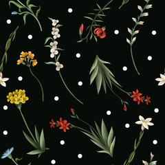 Seamless pattern with thin meadow flowers and dots. Vector.