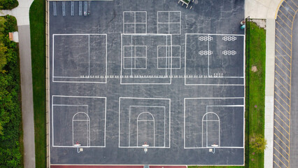 An aerial view of a vacant basketball court