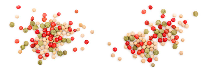 Mixed of peppercorn red white and green pepper isolated on white background. Top view