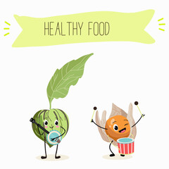 Illustration with funny characters tomatillo, tomato, physalis, uvilla, phisalis, uchuva, phisalys, 
ground cherry,   Funny and healthy food. Vitamins, cute face food, ingredients, vegetarian, vector 