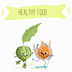 Illustration with funny characters tomatillo, tomato, physalis, uvilla, phisalis, uchuva, phisalys, 
ground cherry,   Funny and healthy food. Vitamins, cute face food, ingredients, vegetarian, vector 