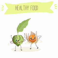 Illustration with funny characters tomatillo, tomato, physalis, uvilla, phisalis, uchuva, phisalys, 
ground cherry,   Funny and healthy food. Vitamins, cute face food, ingredients, vegetarian, vector 