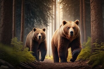 Two big brown bears are up close in the forest. Dangerous animal in natural habitat. Wildlife scene. Generative AI