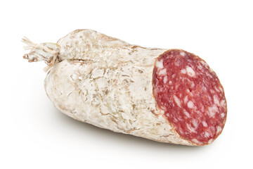 Cured salami sausage isolated on white background. Italian cuisine with full depth of field