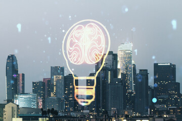 Double exposure of abstract virtual creative light bulb hologram with human brain on Los Angeles...