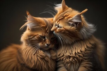 Two cats who love each other clean up by licking each other's hair. Generative AI