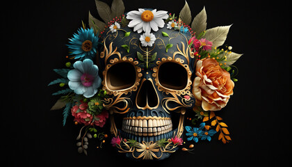 Dia de Los Muertos (Day of the dead), with sugar skull, generative ai