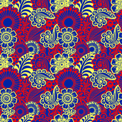 seamless floral graphic pattern of yellow-red elements on a blue background, texture, design