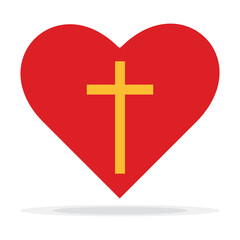 Obraz premium Red heart with gold cross inside. Jesus love symbol. God vector illustration. Catholic symbol flat vector, yellow cross inside heart. Symbol of Christian cross inside heart shape.