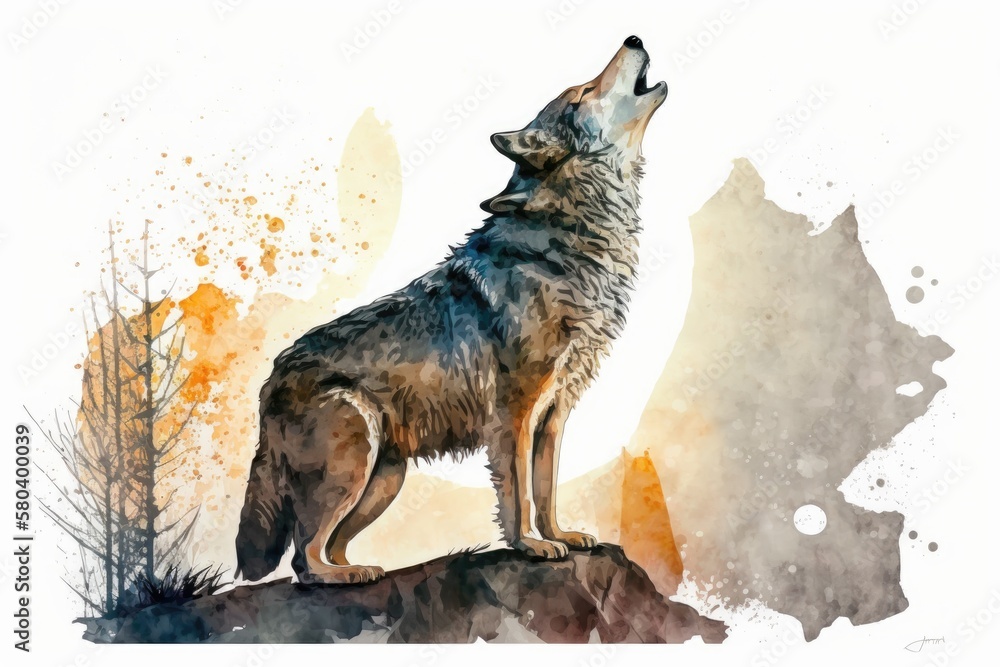 Sticker Watercolor drawing of a wolf howling. Grey wolf, coyot howl, hand drawn picture of an animal. Animals that hunt in the forest. Single wolf howl. A gray, hairy coyot is sitting. Generative AI