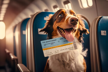 Holiday vacation dog waiting sits in his seat in the cabin with a ticket boarding pass. Generative AI