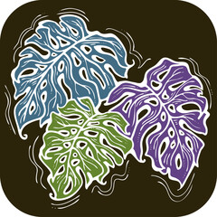 Monstera tropical green leaf drawing. Exotic nature palm plants theme illustration, decorative vector element for logo design, postcard, party invitation deco, restaurant menu, spa salon. Hand drawing