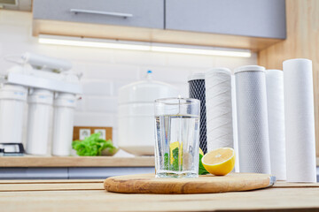 Glass of filtered clean water with reverse osmosis filter, lemons and cartridges on table in...