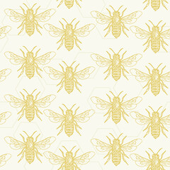 Fototapeta premium Decorative pattern with honeycombs and bee. Monochrome yellow insect on background.