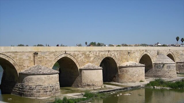 Slow motion of Roman bridge and Torre de Calahorra in Cordoba,Spain 