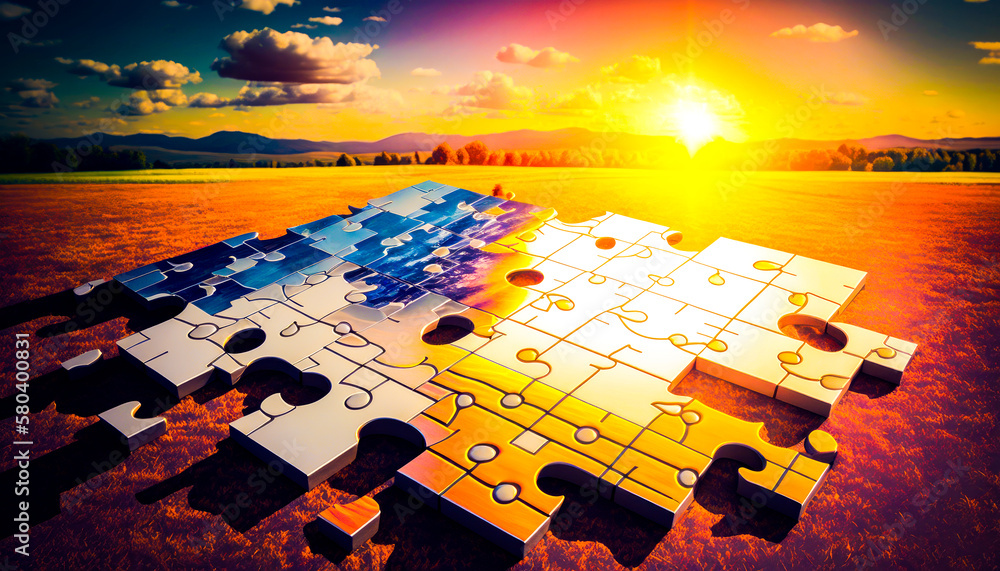 Aufkleber jigsaw puzzle with the sun setting in the background. generative ai.