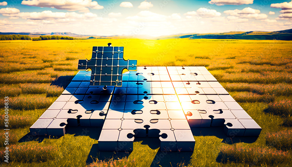 Poster solar panel on top of puzzle piece in the middle of field. generative ai.