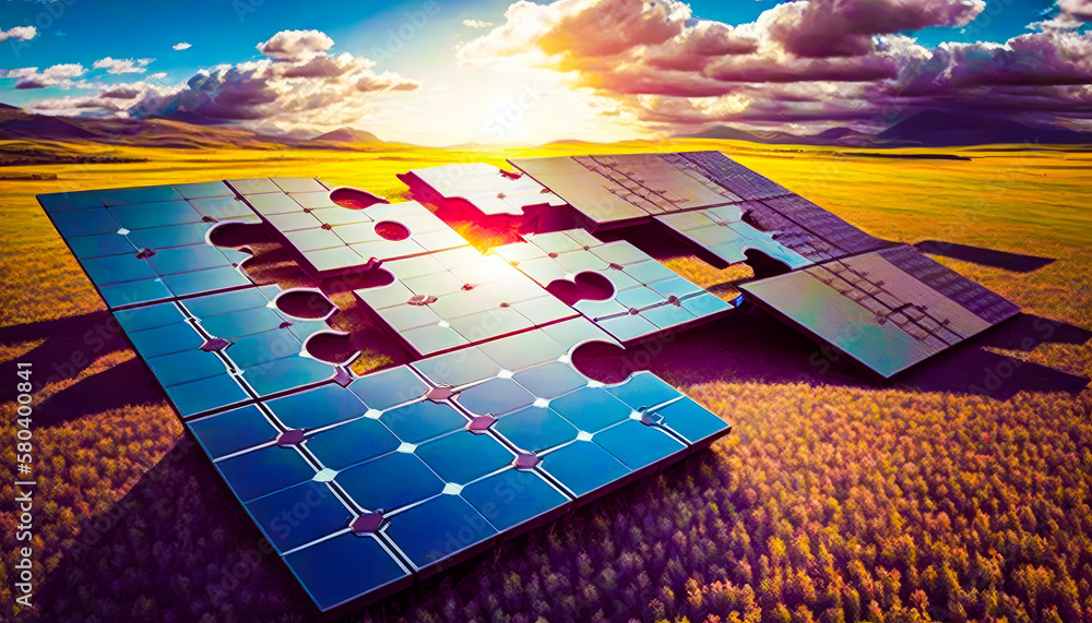 Poster an image of solar panel in the middle of field. generative ai.
