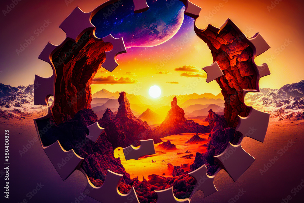 Poster an image of puzzle piece with the sun in the background. generative ai.