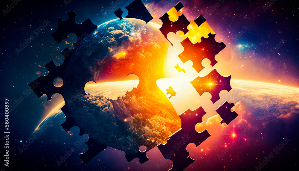 Aufkleber an image of puzzle piece with the earth in the middle. generative ai.