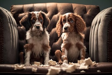Two guilty dogs look innocent after they bite and destroy a sofa. Generative AI