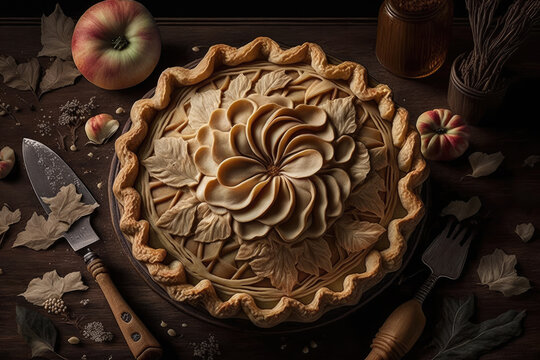 Fruit Pie with intricate crust in an illustrated studio styled food shoot and setting that looks true to life