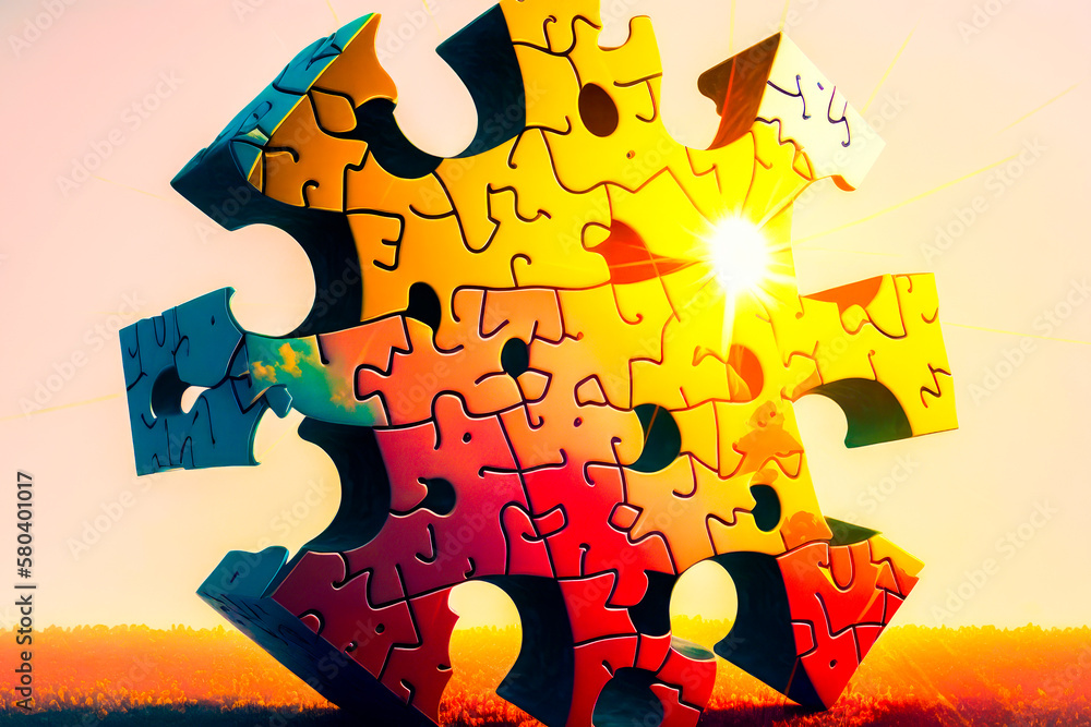 Poster an image of puzzle piece with the sun in the background. generative ai.