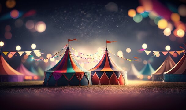  a circus tent with a lot of lights in the background.  generative ai