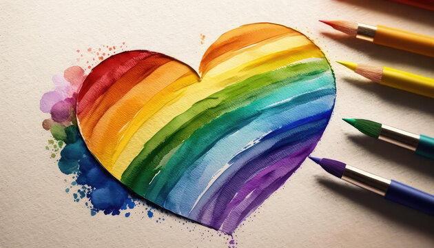 Mit Wasserfarben gemaltes Herz in den Farben der Regenbogenflagge der LGBT-Bewegung (Lesbian, Gay, Bisexual and Transgender). (Generative AI)
