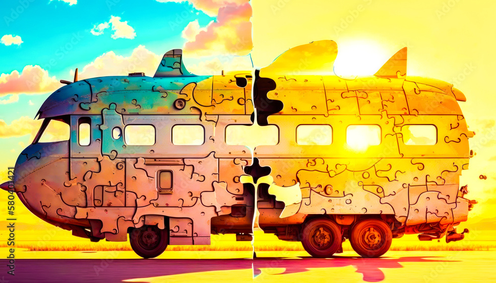Poster two pieces of jigsaw puzzle with an airplane in the middle. generative ai.
