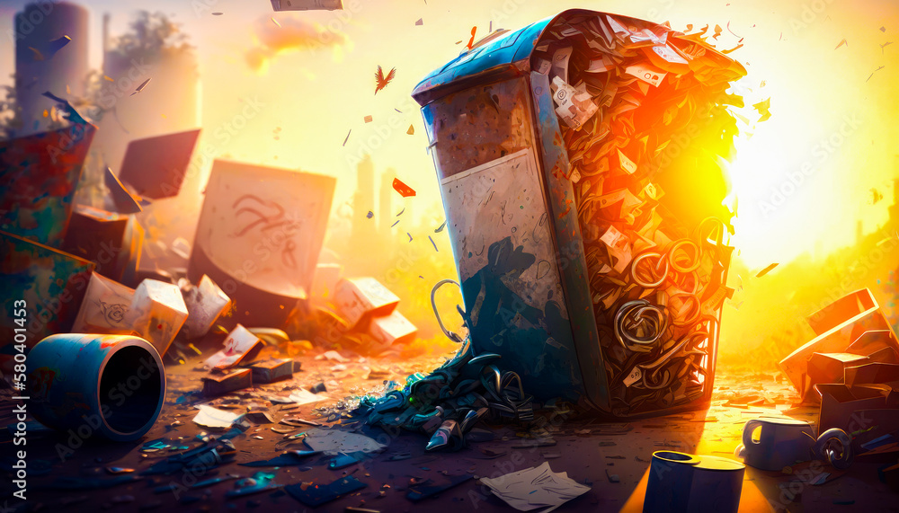 Poster an image of trash can in the middle of city. generative ai.