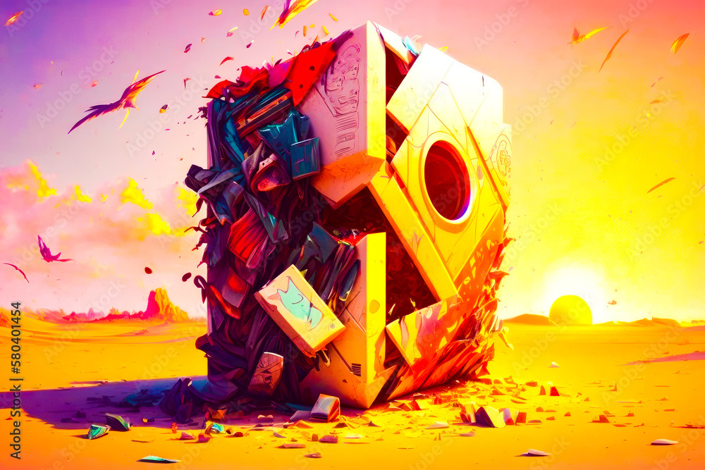 Poster computer generated image of pile of junk in the desert. generative ai.