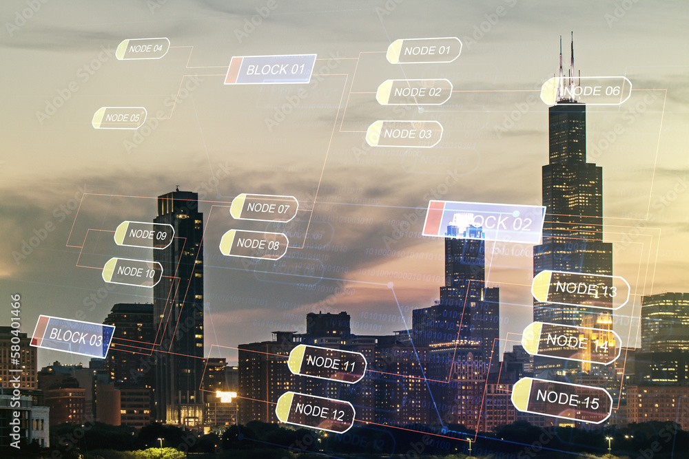 Poster multi exposure of abstract software development hologram on chicago skyscrapers background, research