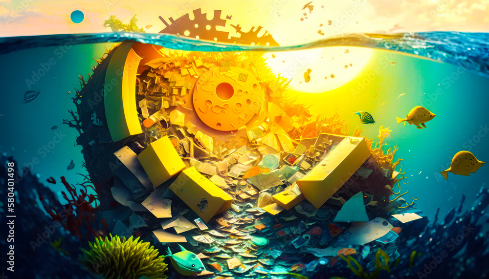 Poster an underwater scene with clock in the middle. generative ai.
