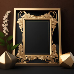 Golden Photo frame mockup with black background with flower