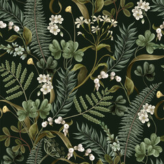 Seamless pattern with white flowers, berries, fern and leaves. Botanical illustration. Vector.