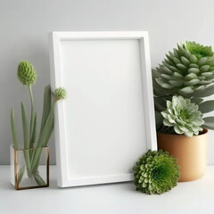 Photo frame mockup with green flowers
