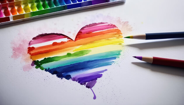 Mit Wasserfarben gemaltes Herz in den Farben der Regenbogenflagge der LGBT-Bewegung (Lesbian, Gay, Bisexual and Transgender). (Generative AI)
