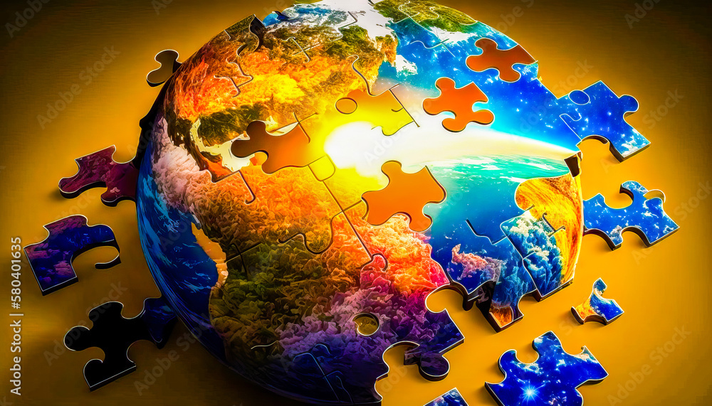Poster an image of the earth surrounded by puzzle pieces. generative ai.