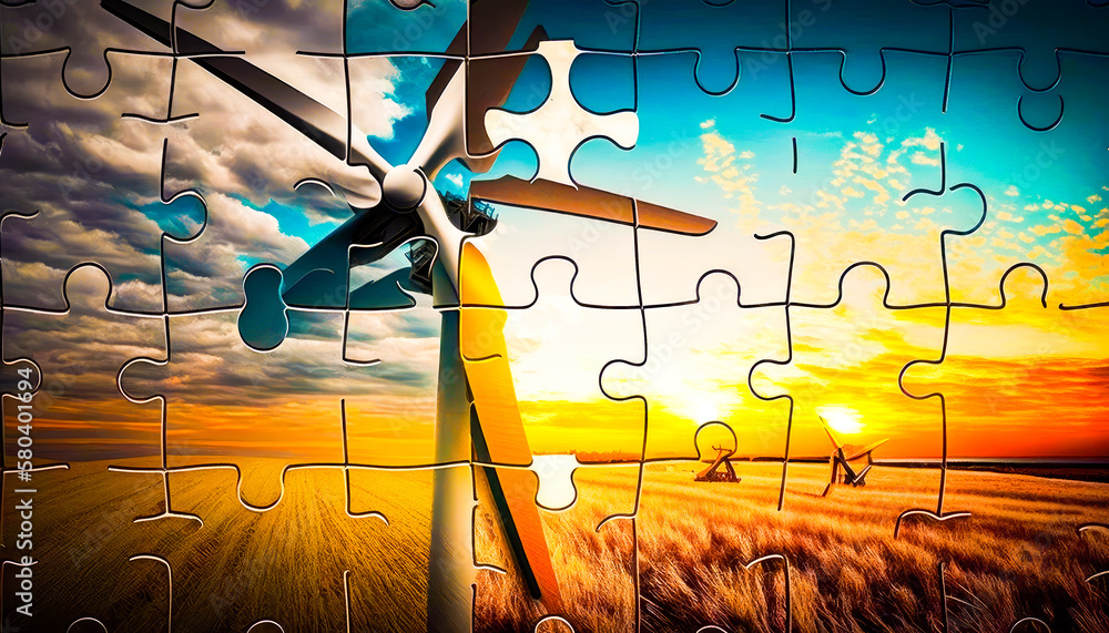 Poster puzzle piece with wind turbine on it. generative ai.